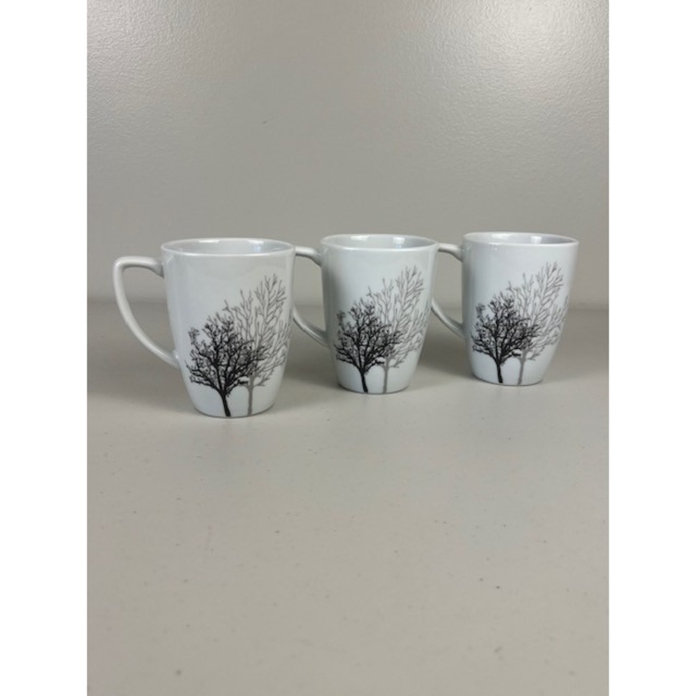 Corelle Coordinates TIMBER SHADOWS Porcelain Tree Coffee Tea Mugs White Set of 3 - Picture 8 of 8